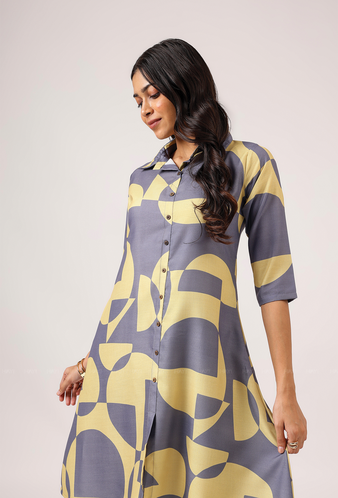 Rhythmic Gray with Vivid Harmony printed Linen Blend Dress