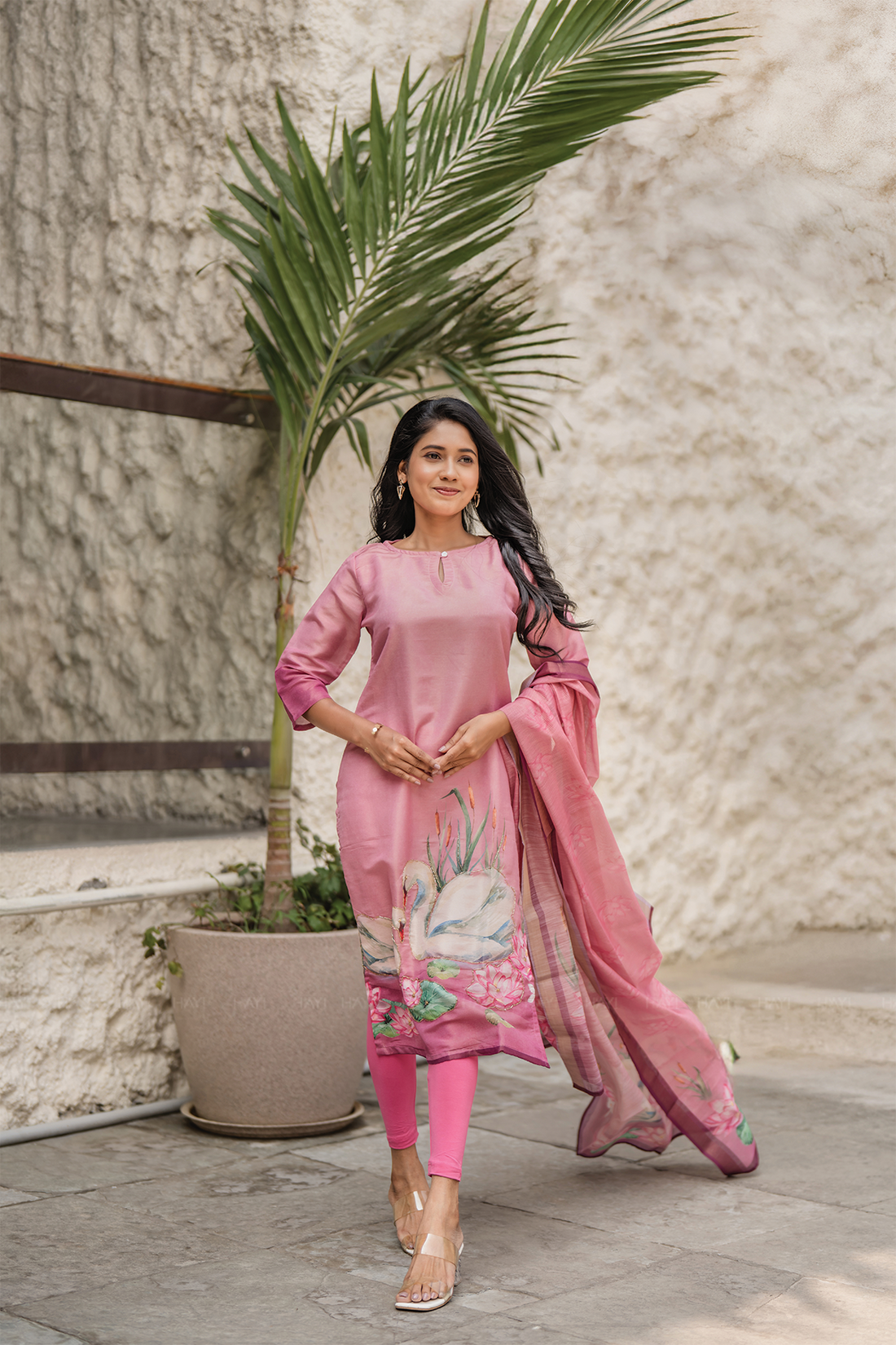Lilac Swan Pink Printed 3 Piece Shimmer Tissue Kurti Set with Dupatta
