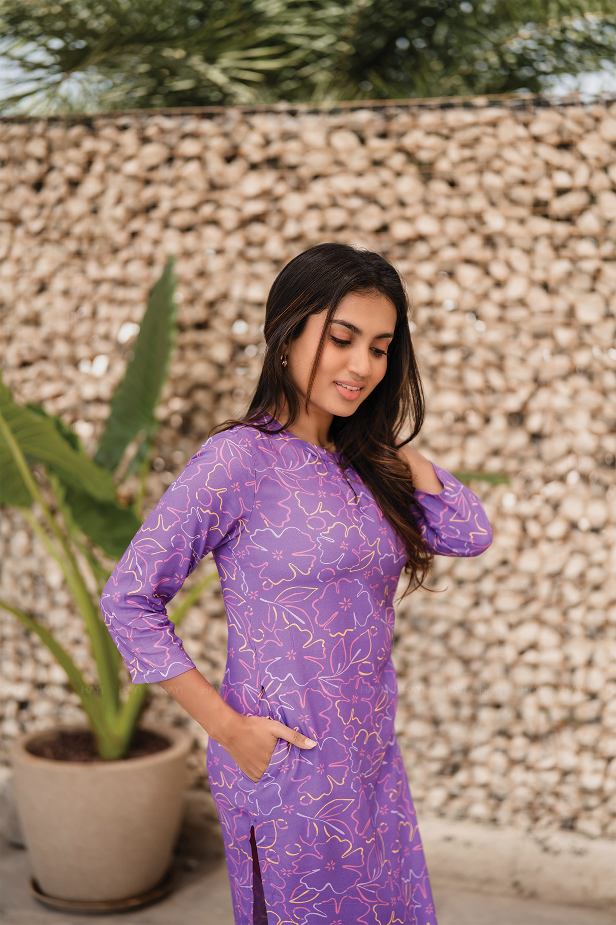 Floral Boodle Violet Viscose Kurti with Chinese Neck &amp; 3/4 Sleeves