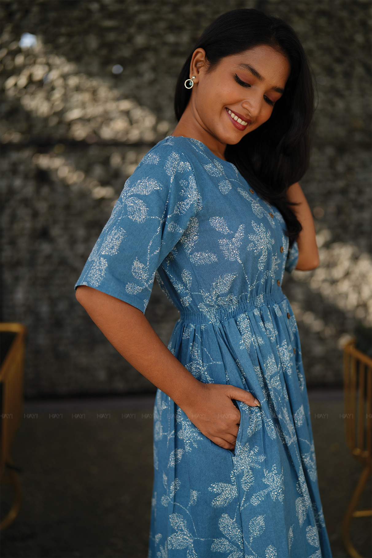 Morning Dew Blue Cotton Dress with V-Neck &amp; Elbow Sleeves