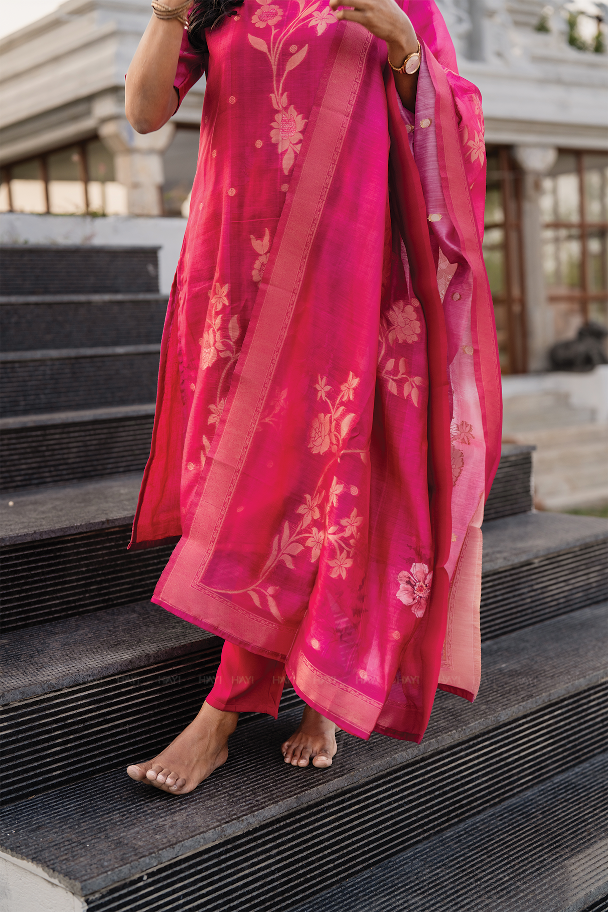 Rosewood Reddish Pink 3 Piece Jacquard Silk Blend Floral Placement Printed Kurta with Pant &amp; Dupatta