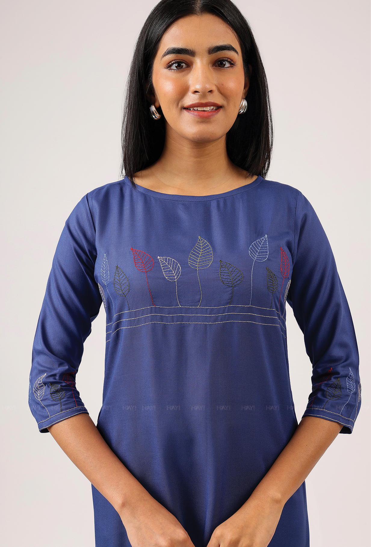 Drawn Blue with Ink Weave Leaf Embroidery Viscose Kurta
