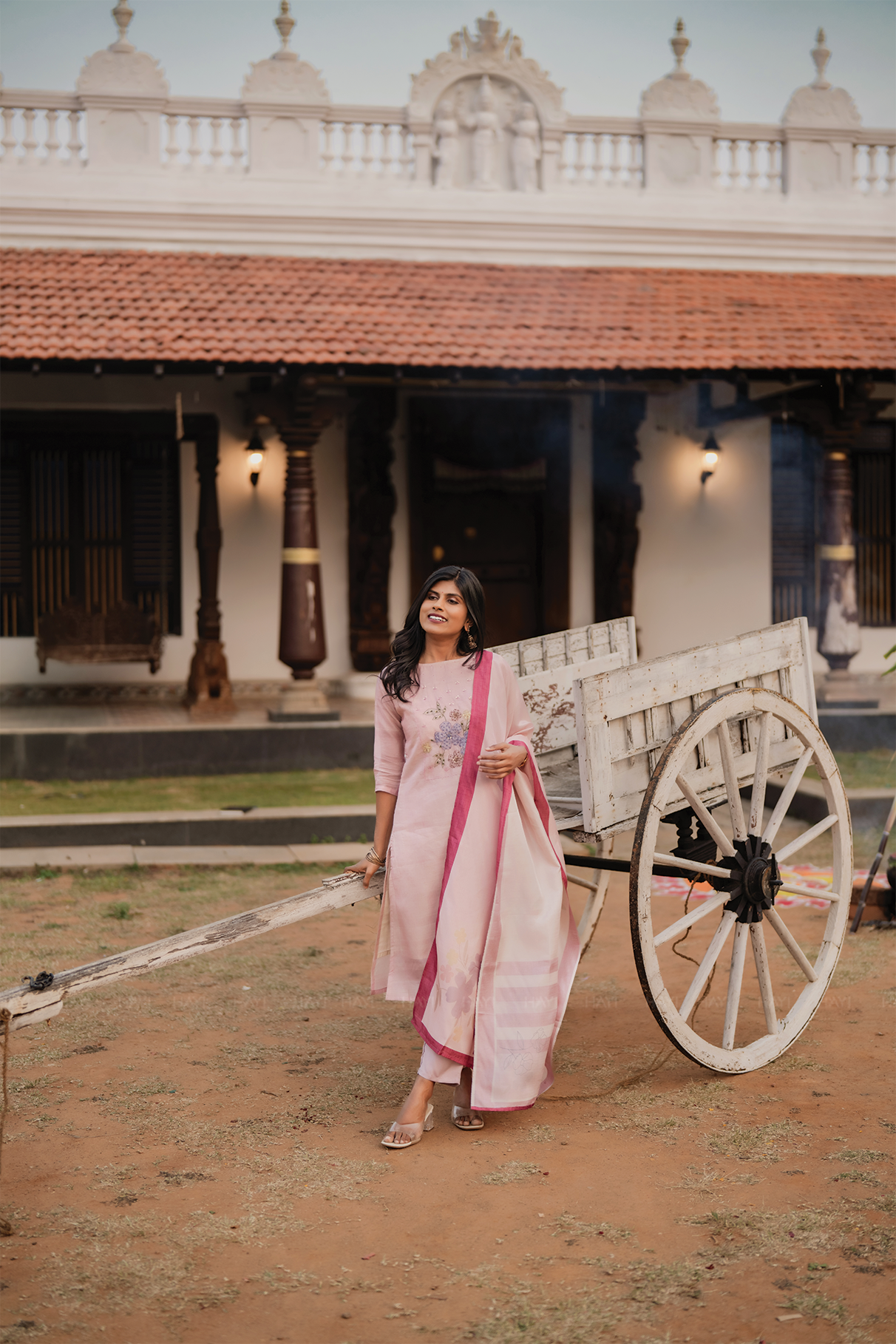Rose Mist Light Pink 3 Piece Tussar Silk Blend Floral Embroidered &amp; Printed Kurta with Pant &amp; Dupatta