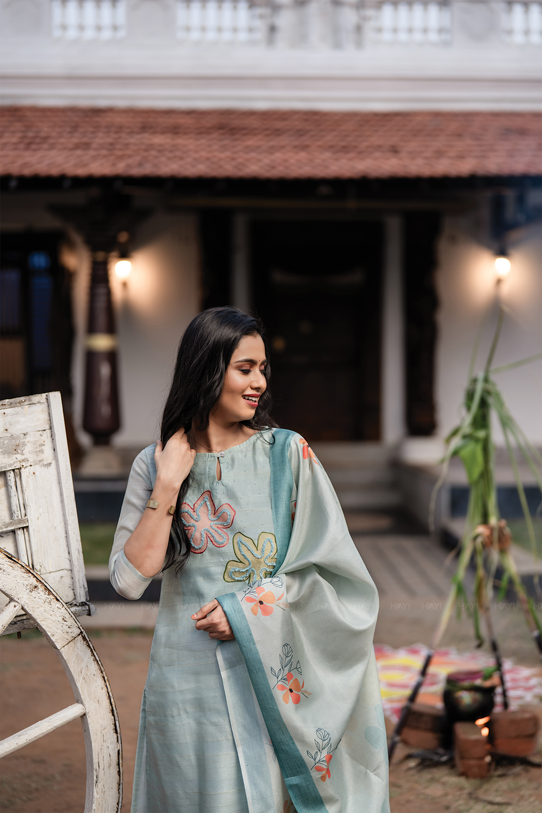 Blueish Blue 3 Piece Tussar Silk Blend Printed Hand-Embroidered Kurta with Pant &amp; Dupatta