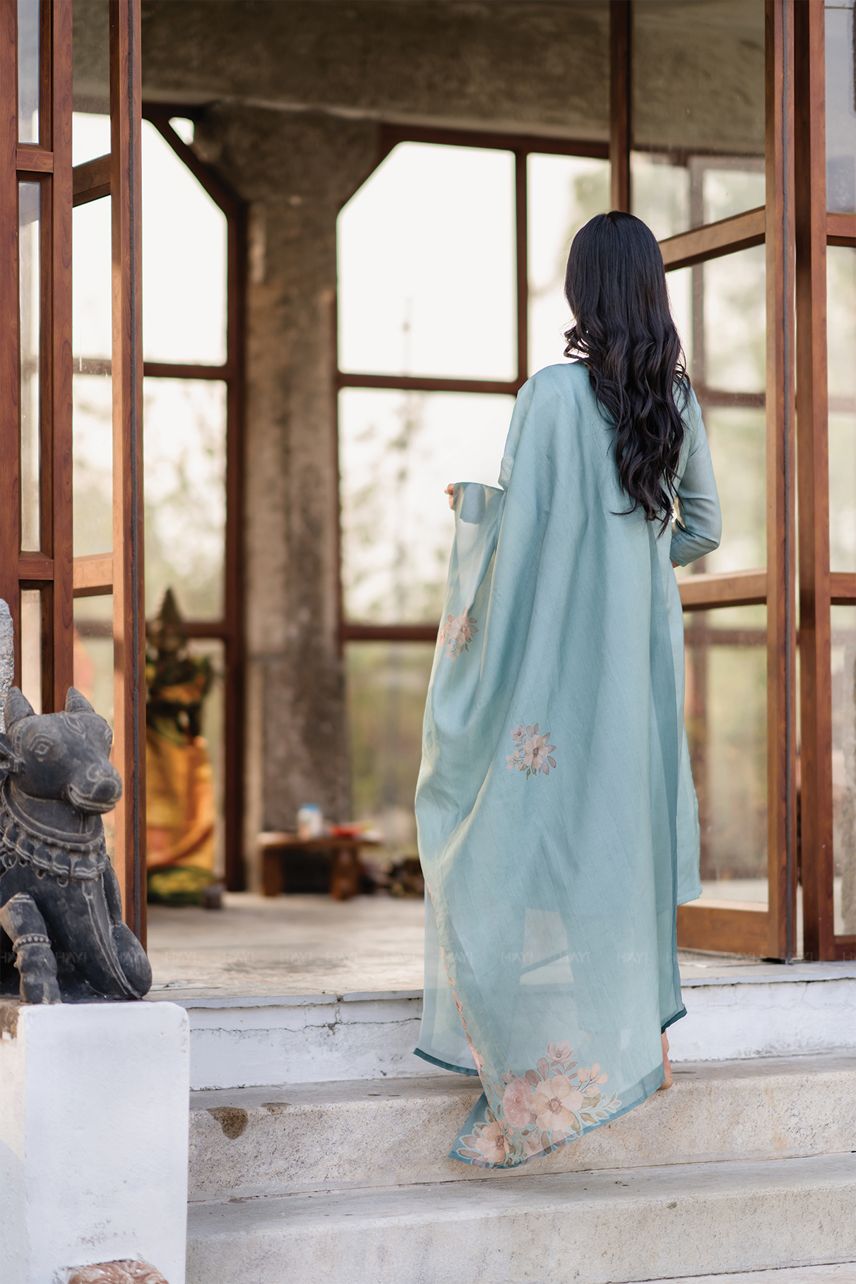 Rustic Charm Green 3 Piece Shimmer Tissue Blend Embroidered &amp; Printed Kurta with Pant &amp; Dupatta