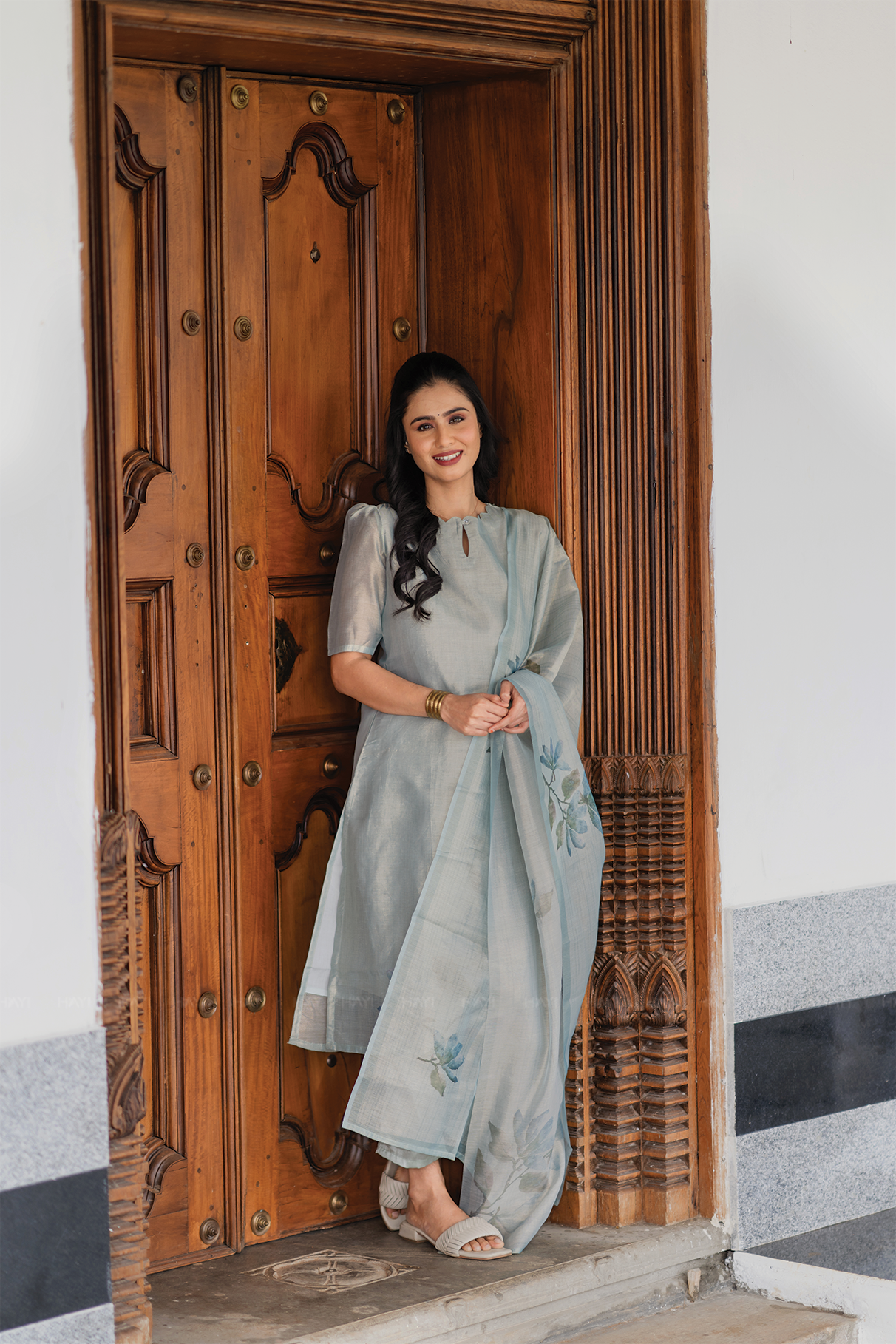 Periwinkle 3 Piece Blue Shimmer Tissue Printed Kurta with Pant &amp; Dupatta