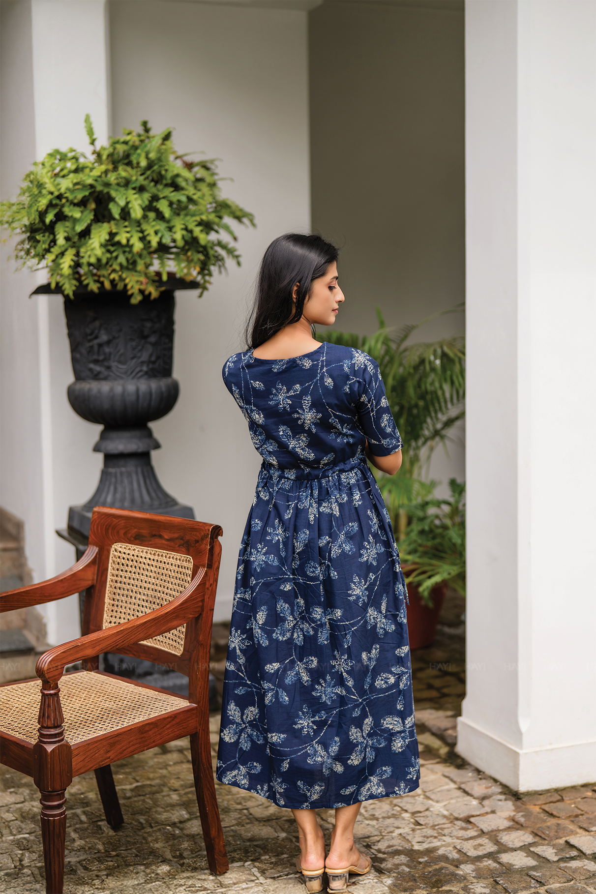 Floralia Blue Cotton Dress with V-Neck &amp; Fabric Rope Detail