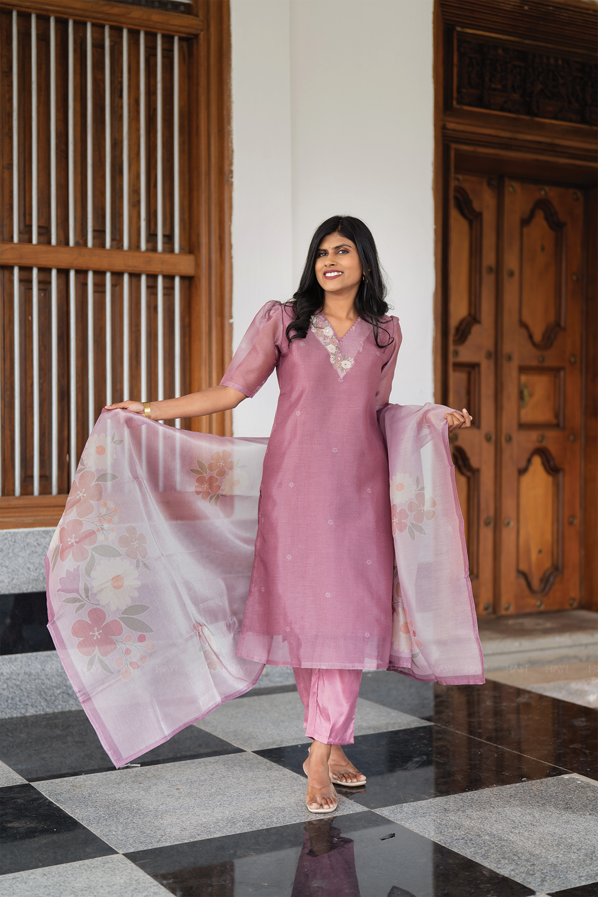 Pinkshift Shimmer 3 Piece Tissue Hand-Embroidered Kurta with Pant &amp; Dupatta