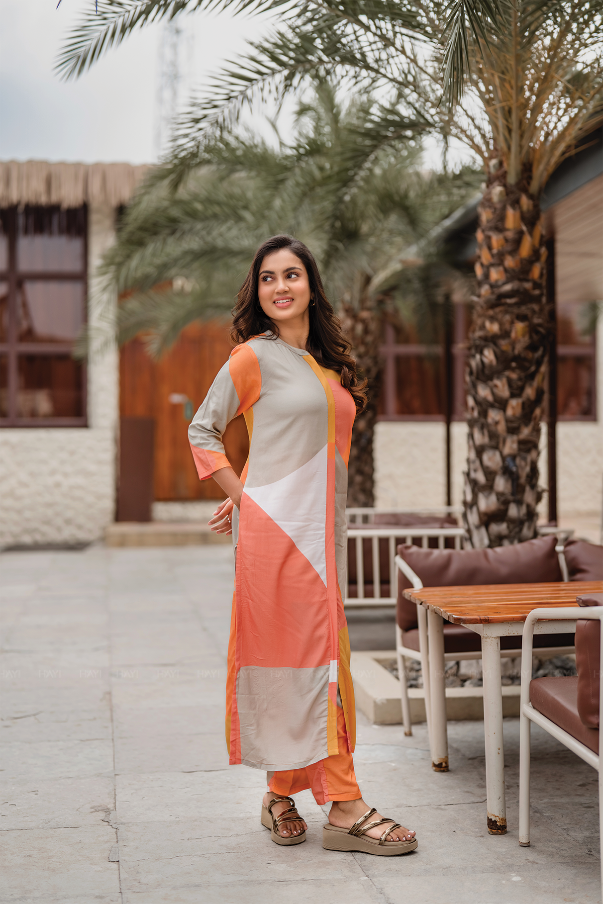 Rustic Rhythm Beige Viscose Co-ord with Chinese Collar &amp; 3/4th Sleeves