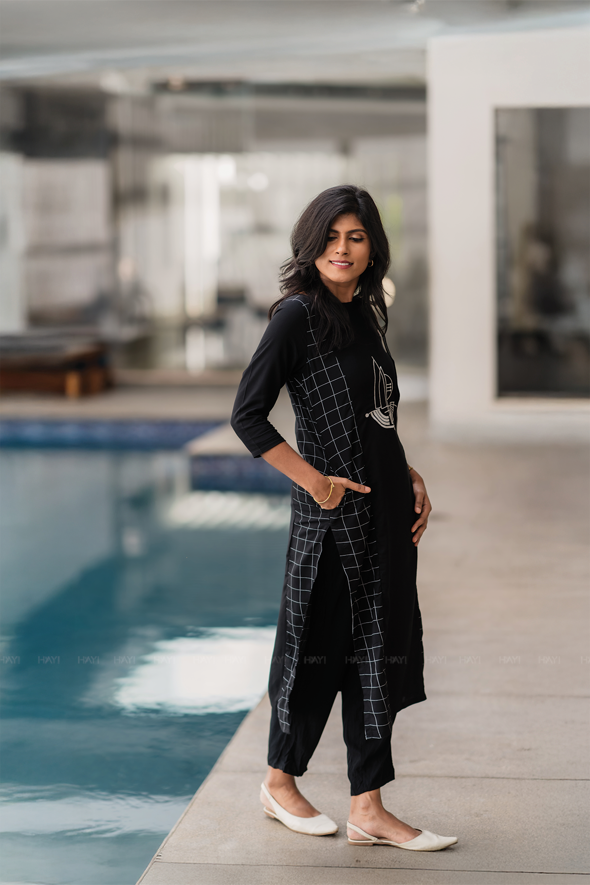 Plaid Muse Black Viscose Kurta with Embroidery and Print