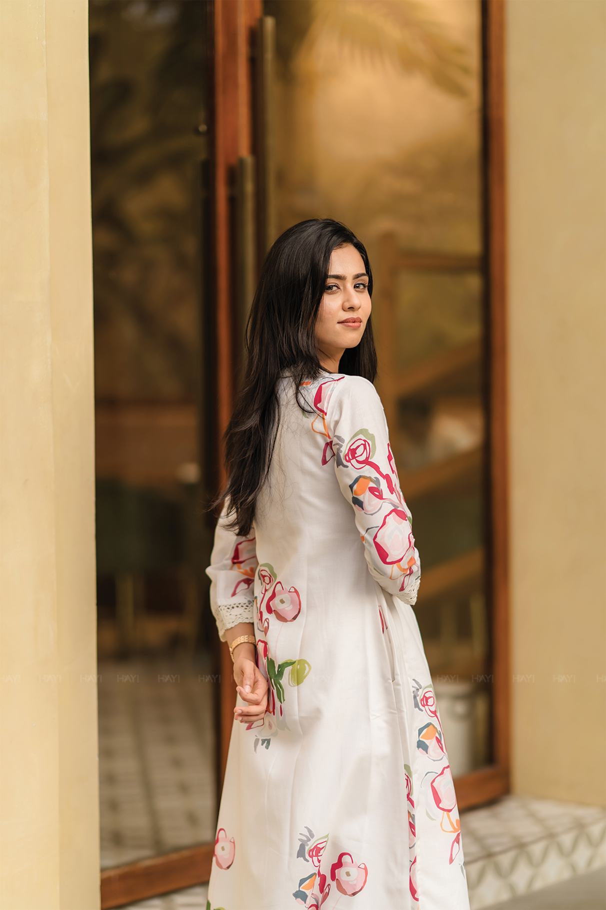 Pastel Floral Dream Half-White Linen Blend Co-ord with V-Neck &amp; Lace