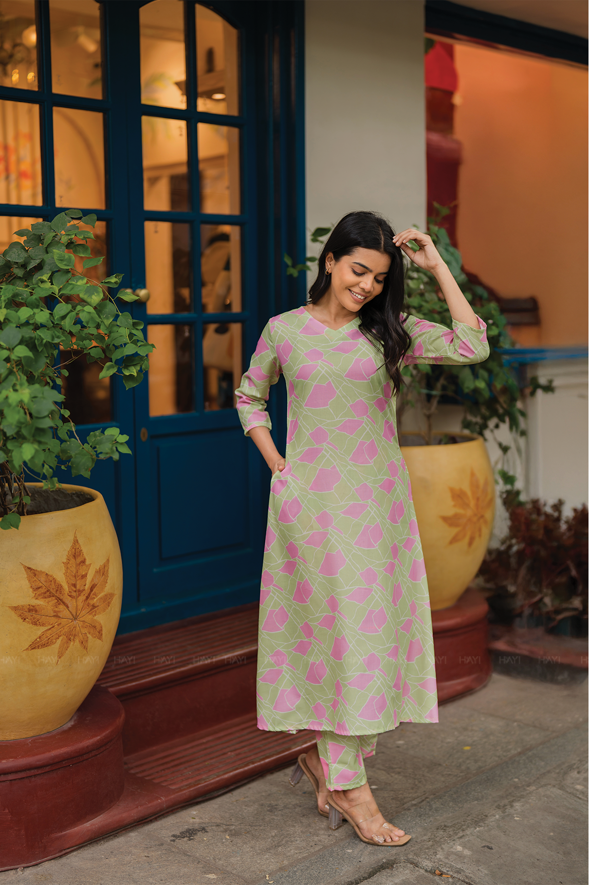 Fanci Green with Tangled Blush printed Linen Blend Co Ords