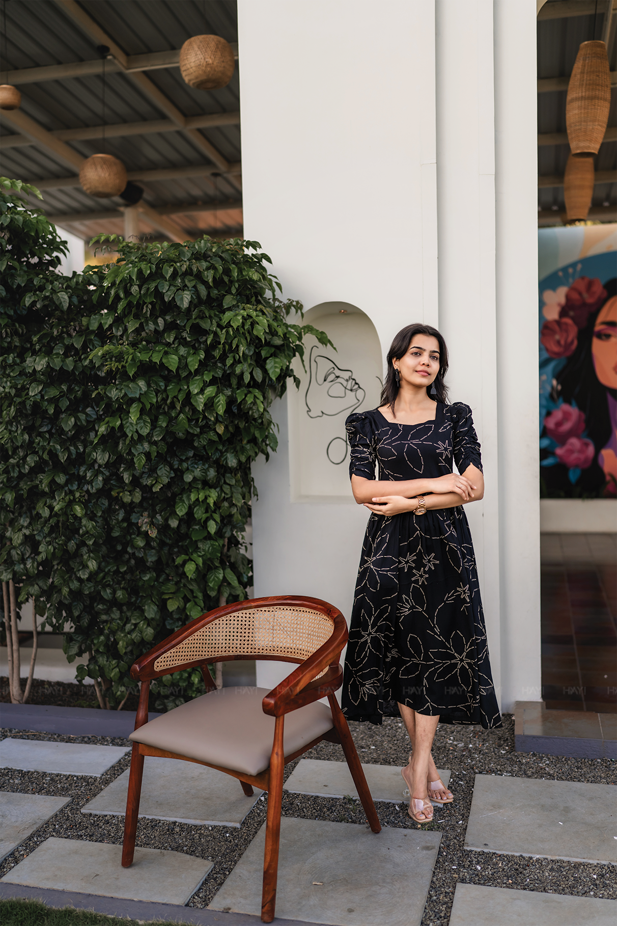 Night Fable Black Viscose Dress with Sweetheart neck &amp; Ruched Sleeves