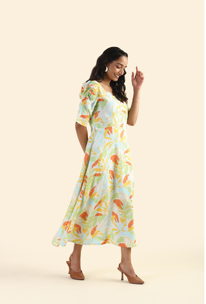 Pine Beige Evergreen elegance Printed Viscose Dress
