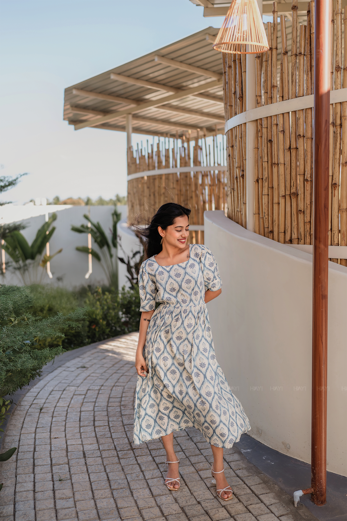 Eclora Off White Viscose Dress with Square Neck and Puff Sleeves