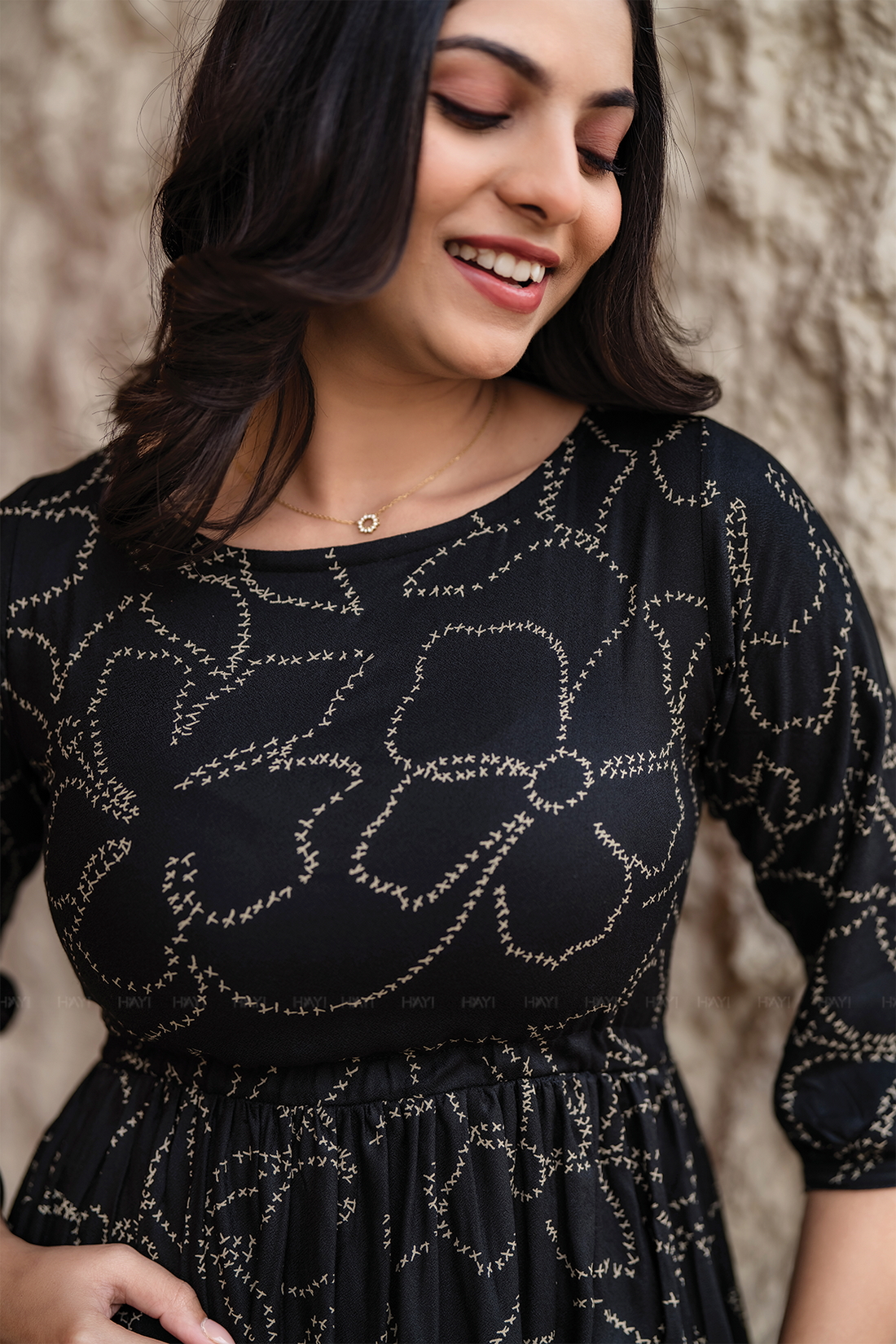 Dusklure Black Viscose Dress with Boat Neck &amp; 3/4th Sleeves