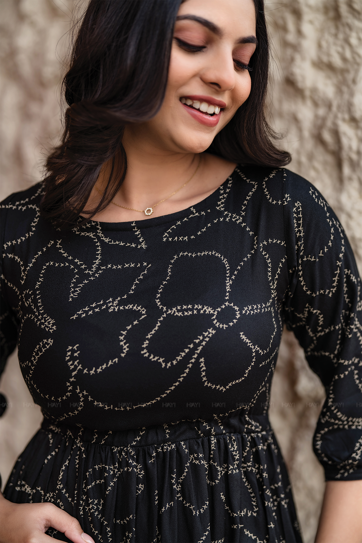 Dusklure Black Viscose Dress with Boat Neck &amp; 3/4th Sleeves