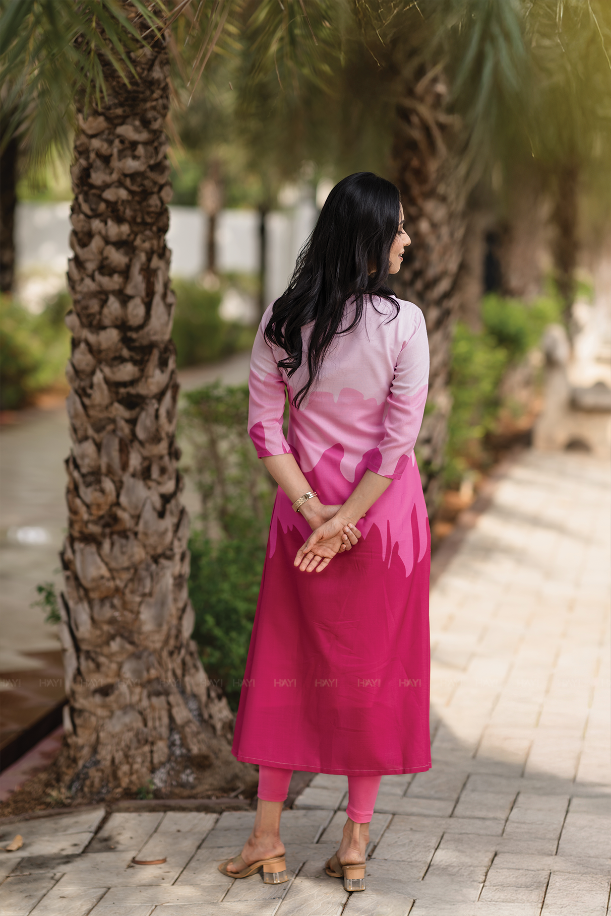Blush Cascade Pink Linen Blend Dress with Boat neck &amp; Digital Placement Print