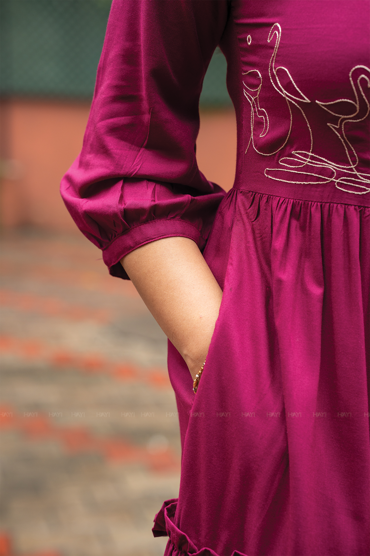 Moonlit Swans Violet Viscose Dress with Frill Neck &amp; Embroidered Yoke