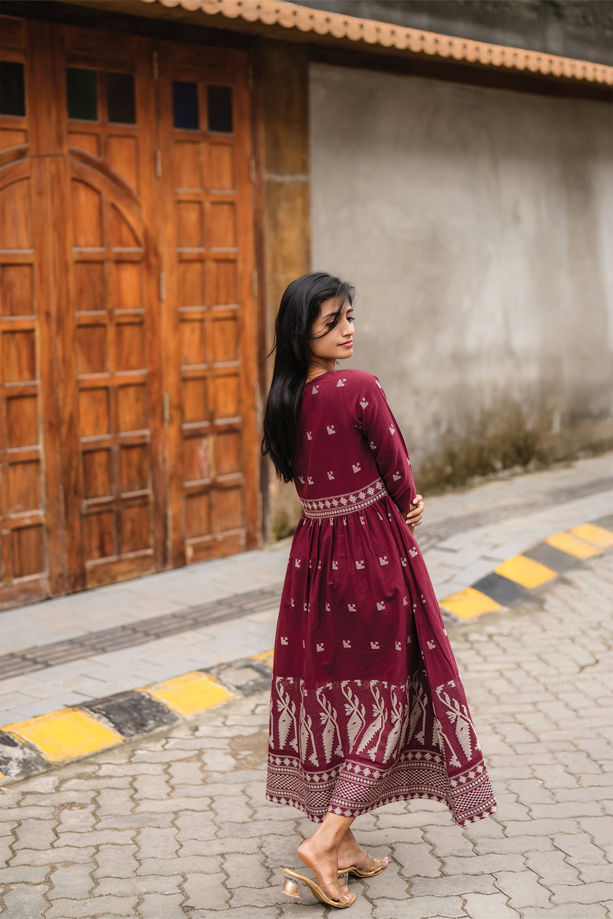 Rosebud Pink Handloom Dress with Straight V-Neck &amp; 3/4 Sleeves