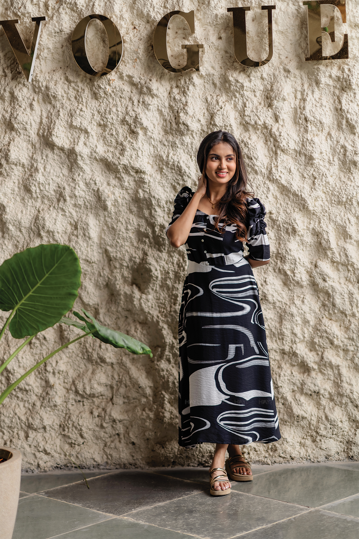 Nod Mosaic Black Viscose Dress with Sweetheart Neck &amp; Half-Ruched Sleeves