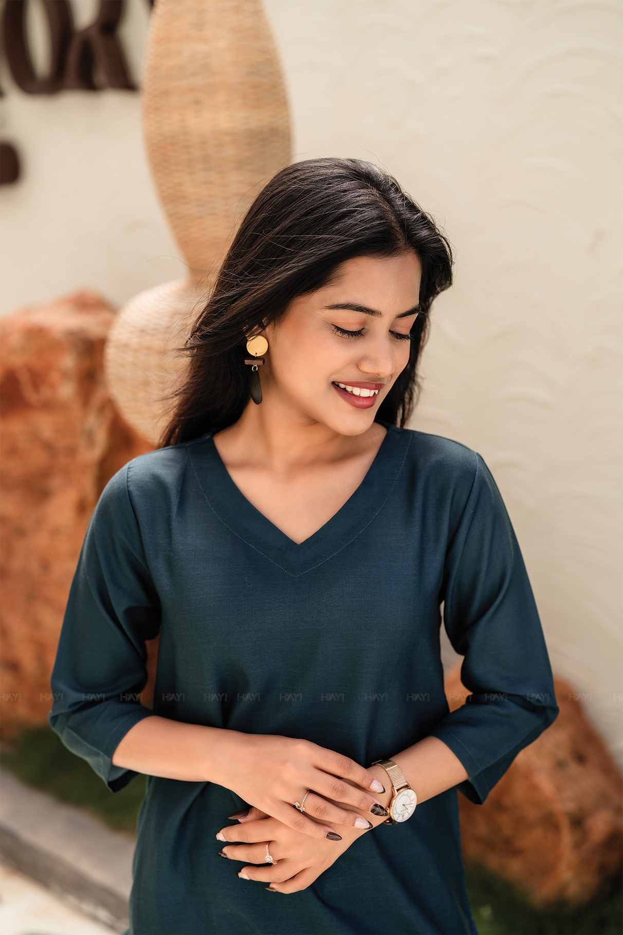 Evergreen Elegance Green Linen Blend Co ord with Curved V Neckline and 3/4th Sleeves