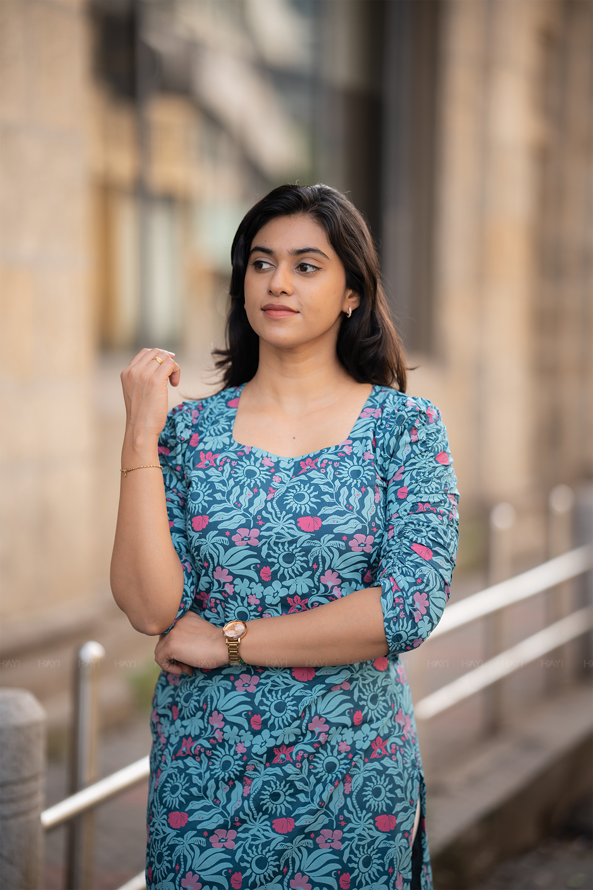 Lunar Muse Green Viscose Blend Kurti with Curved Square Neck &amp; Elbow Ruched Sleeves