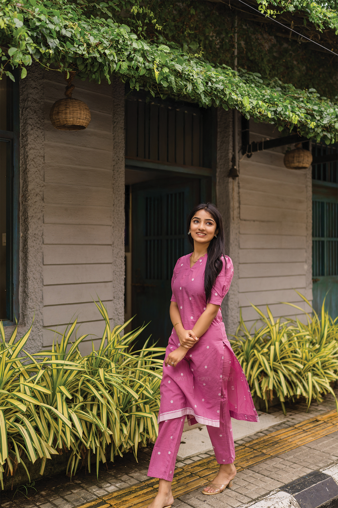 Celestia Dots Pink Handloom Cotton Co-ord with V-Neckline &amp; Puff Elbow Sleeves