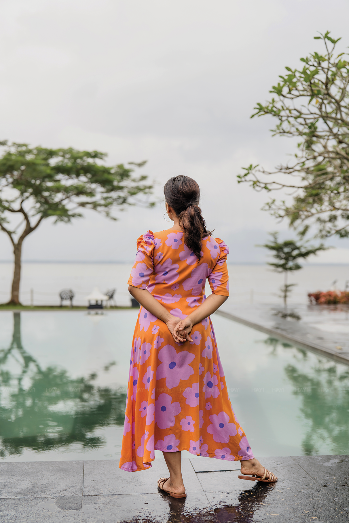 Orange Floral Flair Viscose Dress with Sweetheart Neckline
