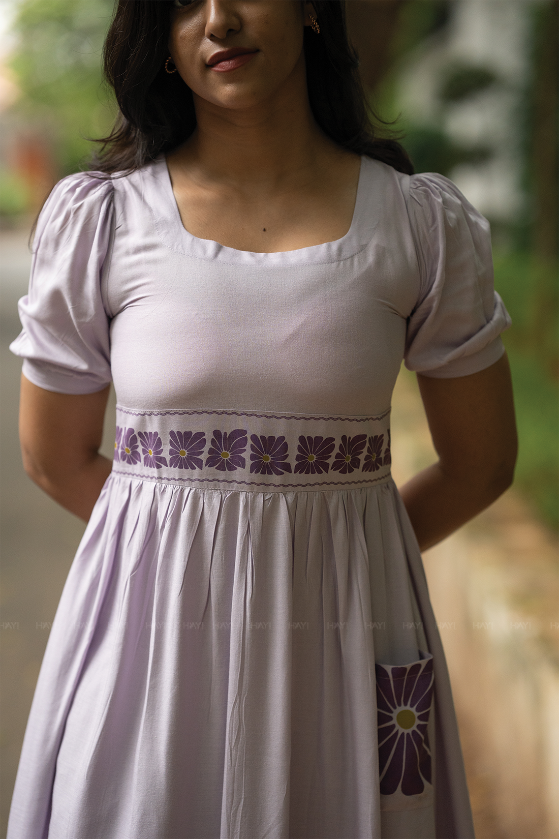 Floral Flow Lavender Viscose Dress with Square Neckline &amp; Puff Sleeves