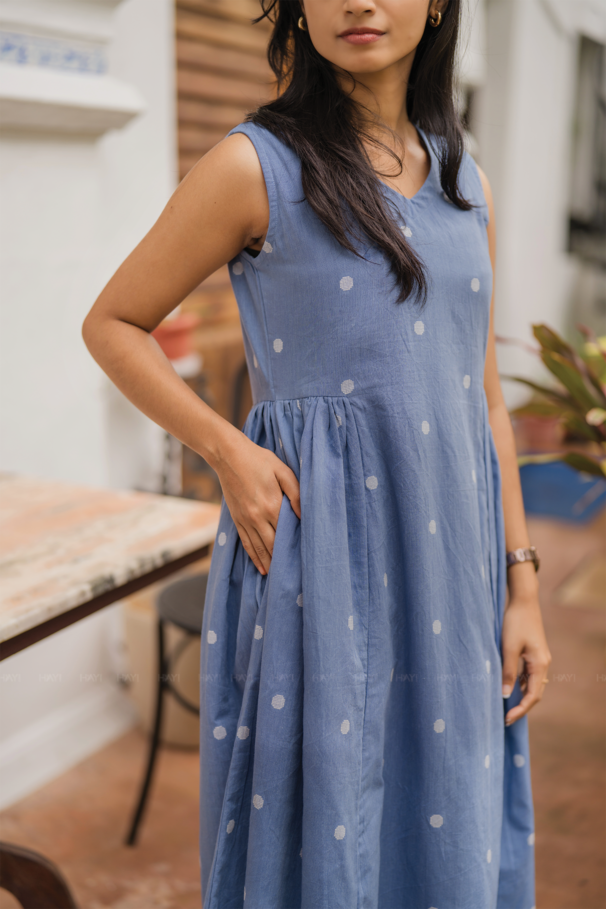 Ocean Polka Blue Handloom Cotton Dress With V Neckline Detached 3/4th Sleeves