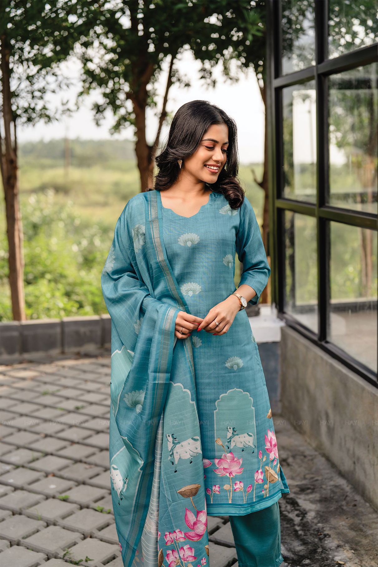 Lotus Charm Blue 3 Piece Tussar Silk Blend Printed Kurta with Pant &amp; Dupatta