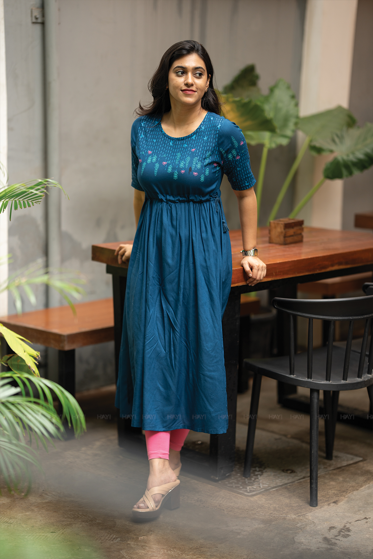 Blue Dessert Blue Viscose Dress with Round Neck &amp; Placement Detail