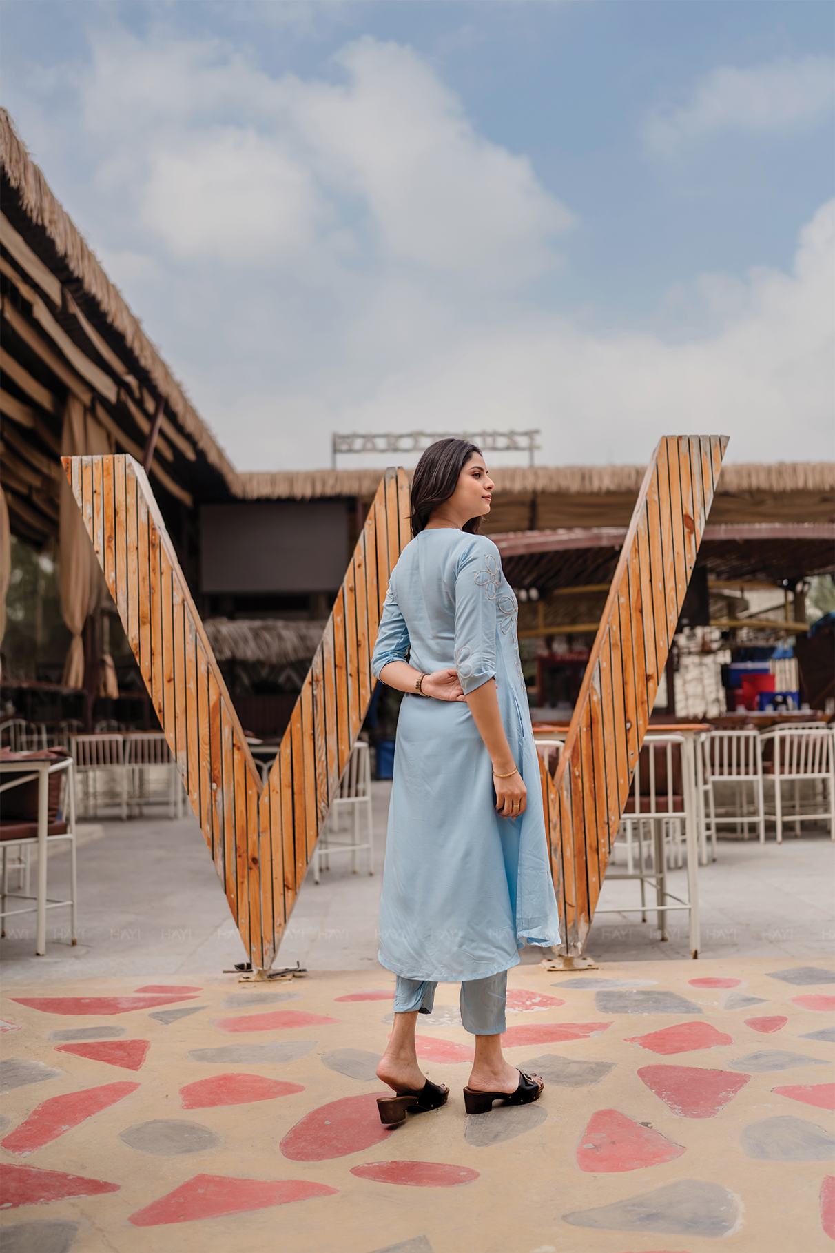 Floral Mirage Blue Viscose Co-ord with Curved V-Neckline &amp; 3/4th Sleeves