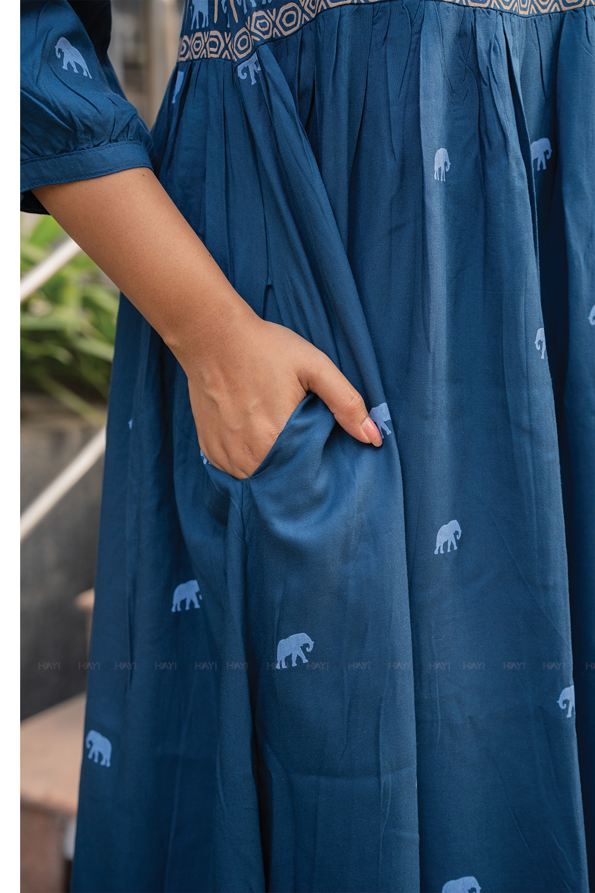 Tusker Tale Greyish Blue Viscose Dress with Round Square Neckline &amp; 3/4th Sleeves