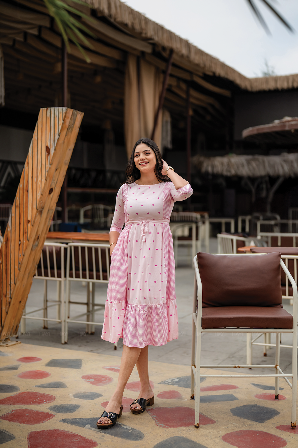 Pink Wink Viscose Dress with Boat Neck 3/4 Sleeves &amp; Dual Print Design