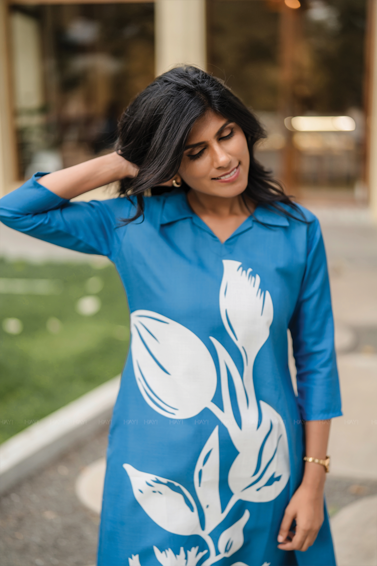 Moonbloom Stride Blue Linen Blend A-Line Kurta Set with Shirt Collar &amp; Placement Print