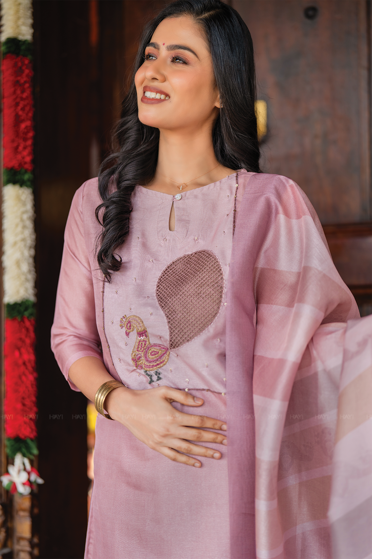 Thogai Dusky Pink 3 Piece Silk Blend Embroidery Kurta with Pant &amp; Dupatta