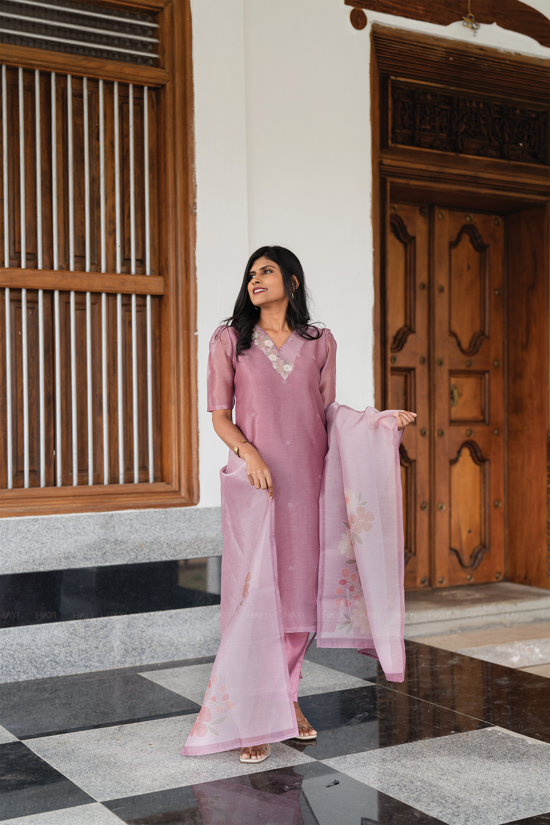 Pinkshift Shimmer 3 Piece Tissue Hand-Embroidered Kurta with Pant &amp; Dupatta