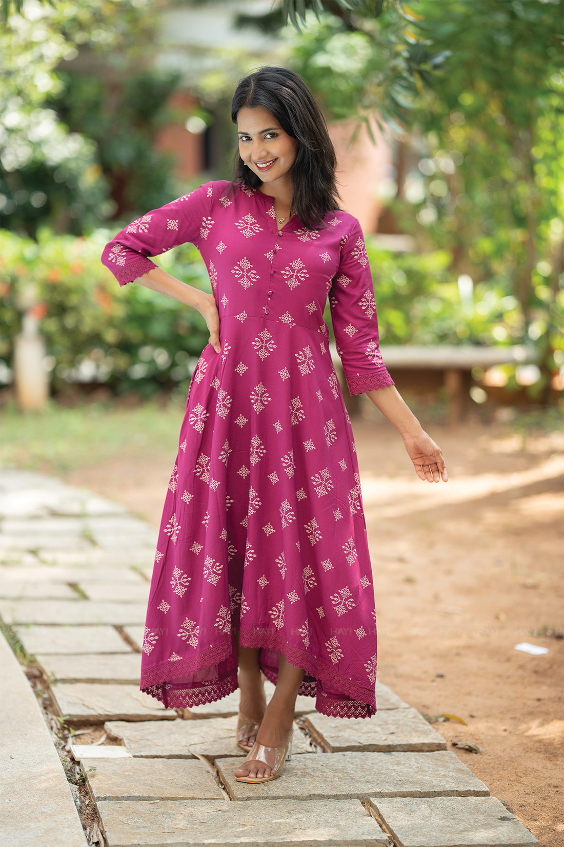 Celeste Violetta Violet Viscose Dress with Chinese Collar Neck &amp; 3/4 Sleeves