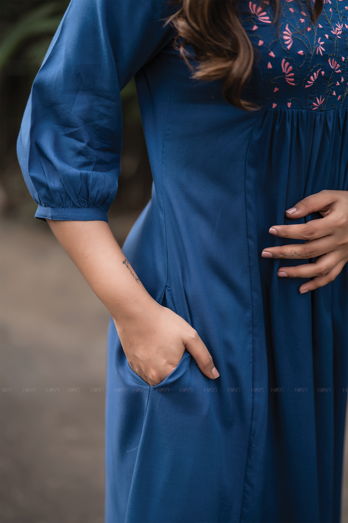 Midtown Minimal Blue Viscose Dress with Close Neck and Embroidery