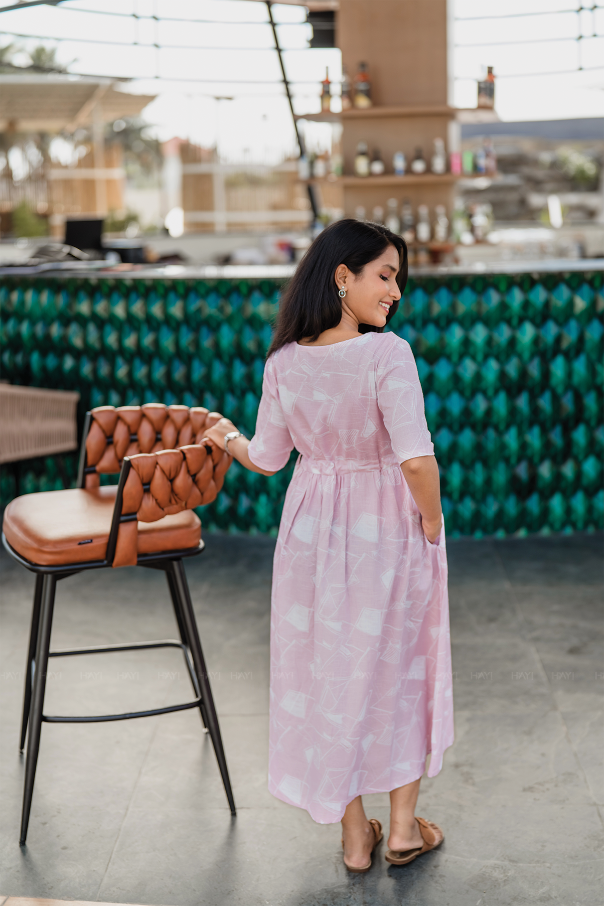 Soft Focus Light Pink Cotton Blend Dress with Round Neck &amp; Fabric Rope Tie