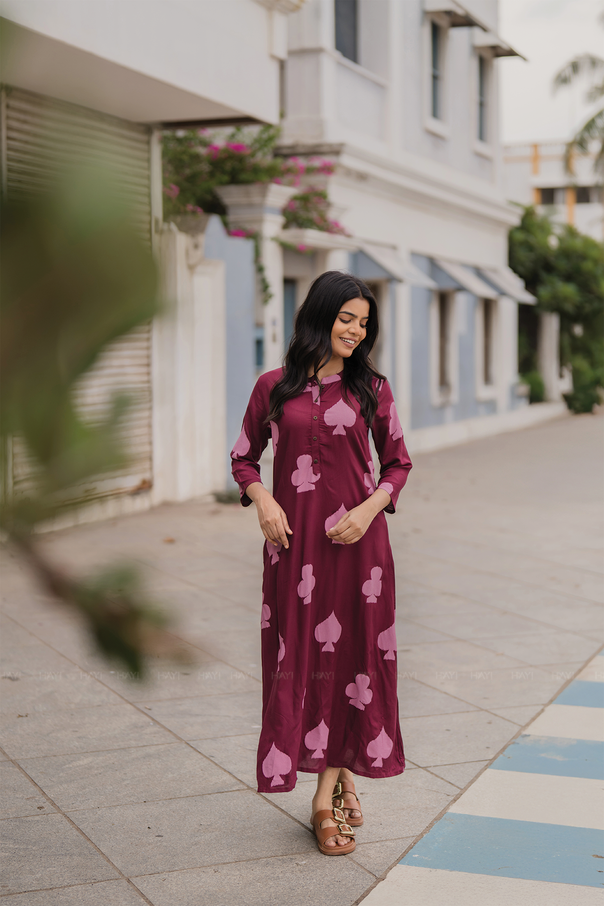 Sepia Maroon with Autumn Hearts printed Viscose A-line Dress HAY! Sepia Maroon with Autumn Hearts printed Viscose A-line Dress HAY!