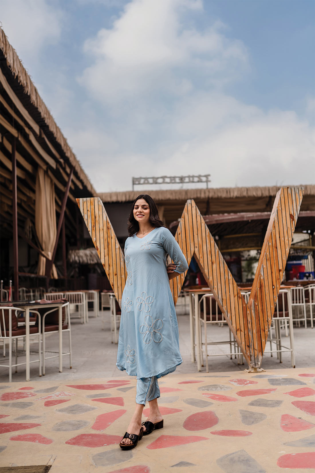 Floral Mirage Blue Viscose Co-ord with Curved V-Neckline &amp; 3/4th Sleeves