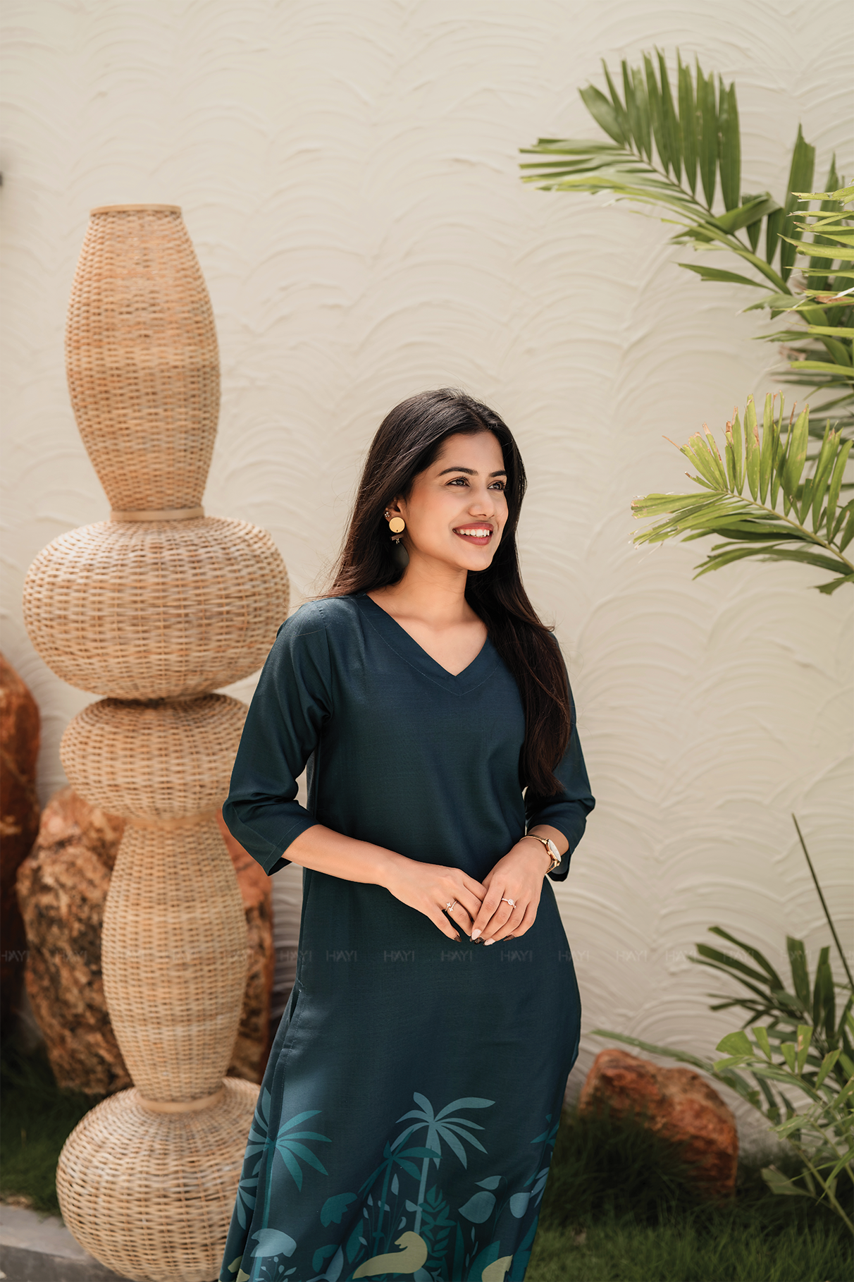 Evergreen Elegance Green Linen Blend Co ord with Curved V Neckline and 3/4th Sleeves