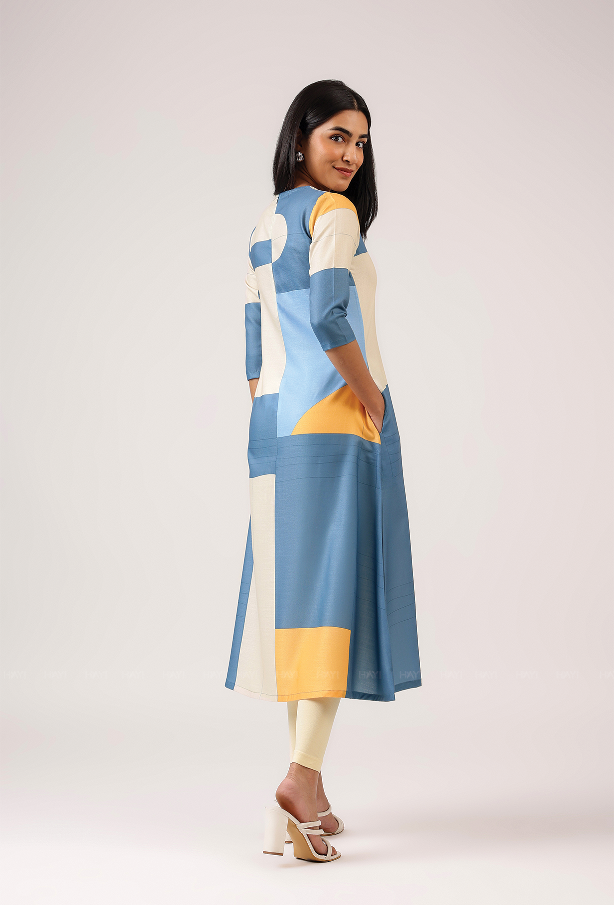 Cubed Blue with Grid Maze printed Linen Blend A-line Dress