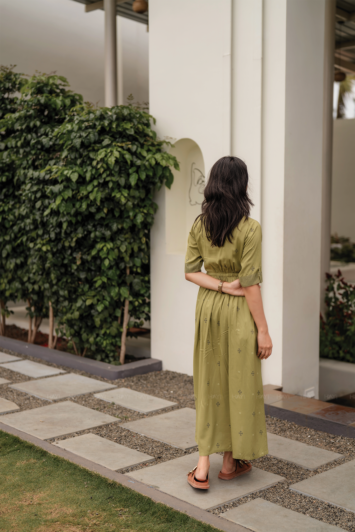 Goldenrod Yellow Viscose Blend Dress with Shirt Collar &amp; Elbow Sleeves