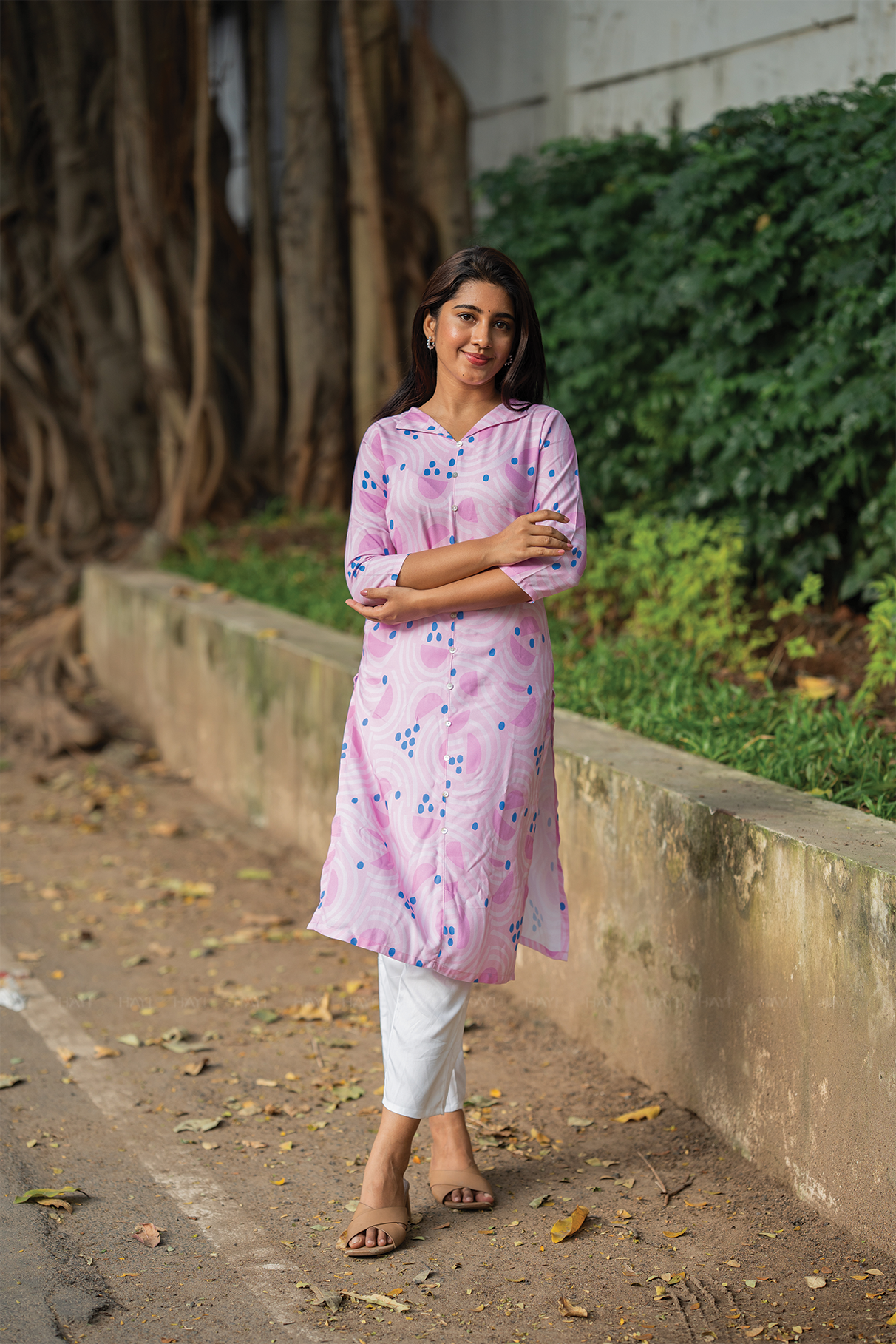 BreezeLine Pink Viscose Kurta with V-Flap Collar Neck &amp; 3/4 Sleeves