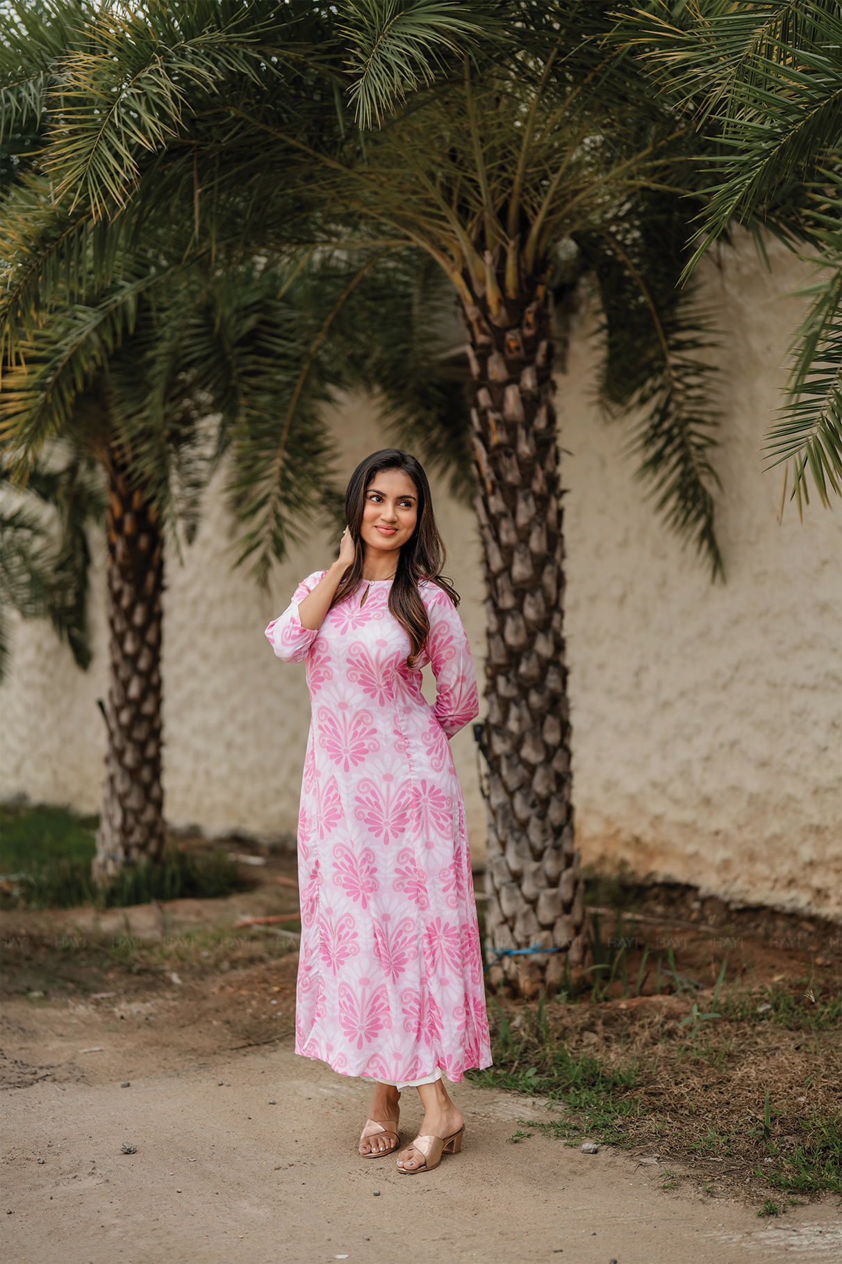 Blush Pink Textured Viscose A-Line Kurta with Boat Neck &amp; 3/4th Sleeves