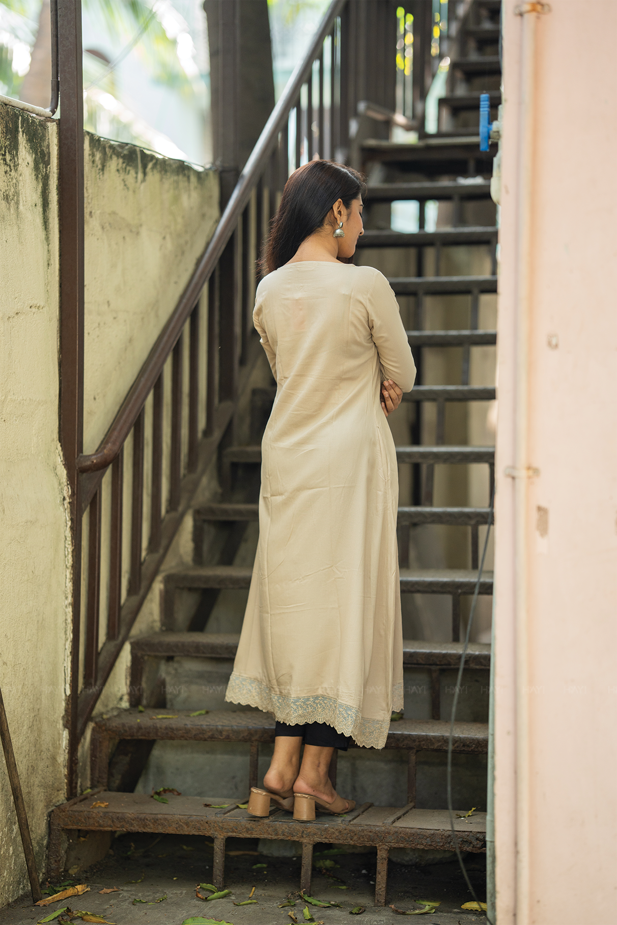 Nira Feather Beige Viscose Embroidered A-Line Kurta with Boat Neck and 3/4 Sleeves